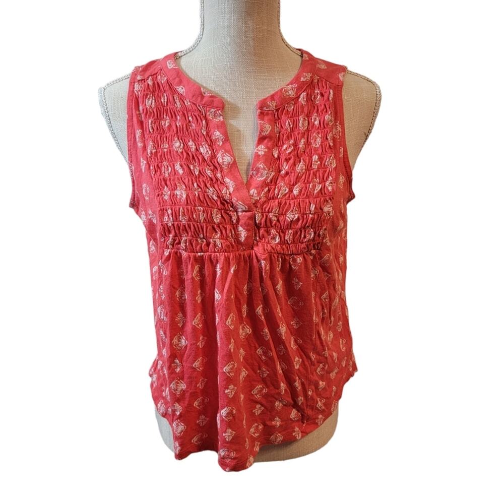 Lucky Brand Salmon White Sleeveless Printed Smocked Blouse Size M